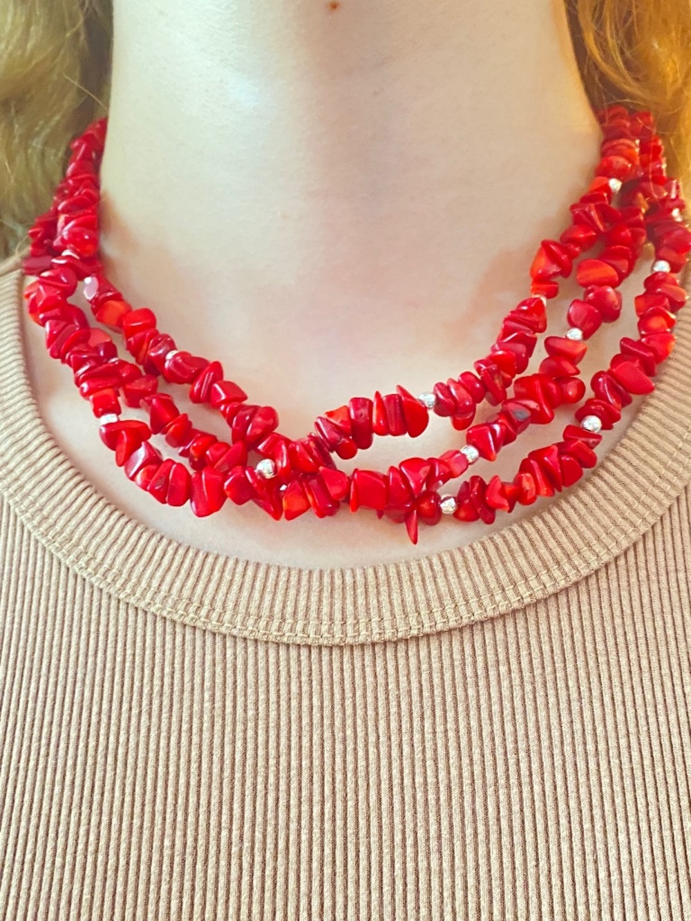 Vintage Genuine Red Coral 3 Chip Strand Cherry Necklace 925 Sterling Silver